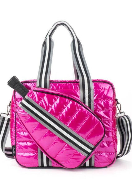 Puffer Pickle Ball Tote Pink with black Stripe