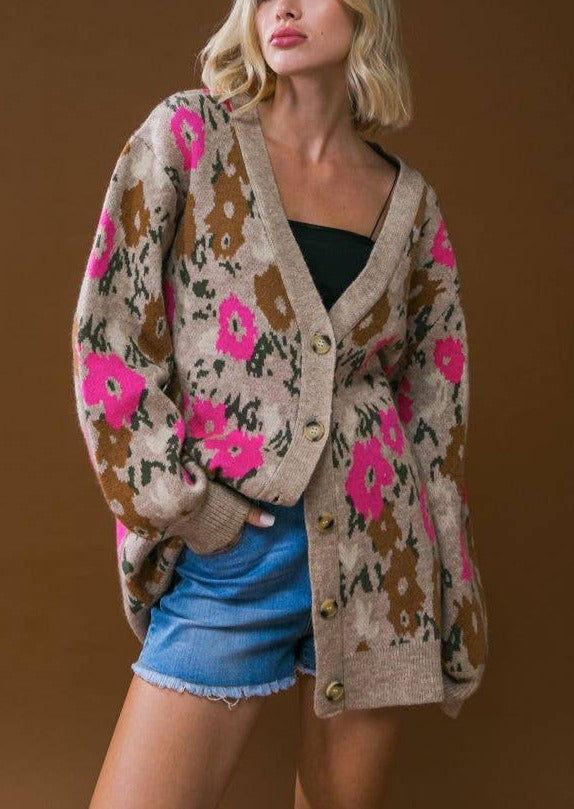 Poppin' Pink Floral Cardigan Sweater
