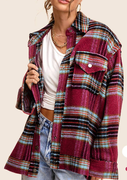 Berry Plaid Button Down Jacket