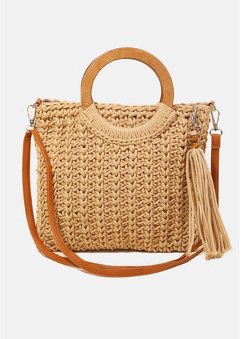 Wooden Hoop Handle Crochet Knit Cross-body Bag