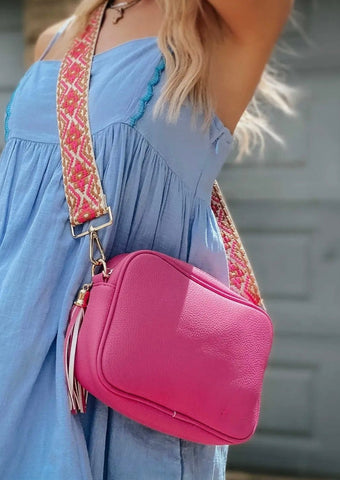 Hot Pink Camera Crossbody Bag with Jacquard Strap