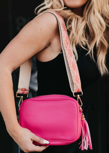 Hot Pink Camera Crossbody Bag with Jacquard Strap
