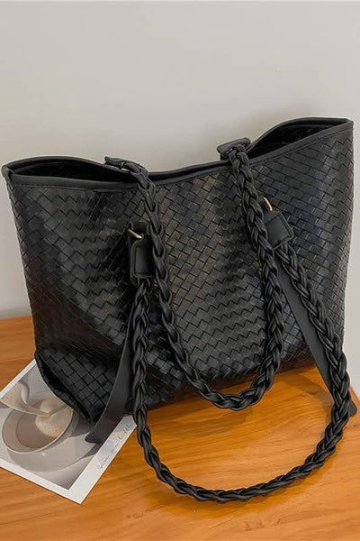 Black Faux Leather Woven Shoulder Bag