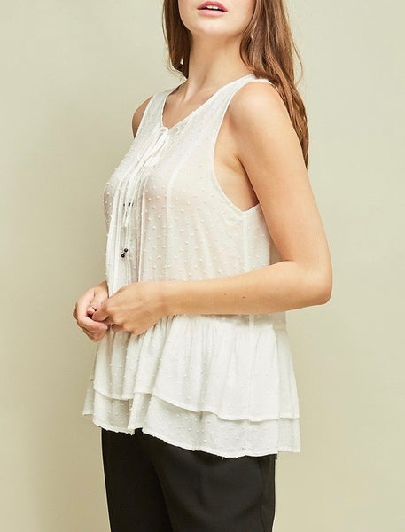 Ivory Textured Polka Dot with Ruffle Hem Top