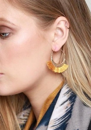 Hammered Metal Hoop Tassel Earrings