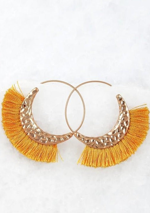 Hammered Metal Hoop Tassel Earrings