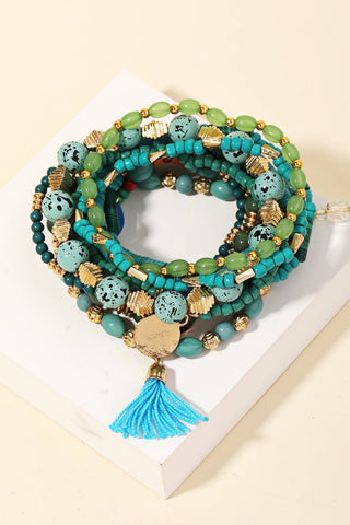 Turquoise Beaded Tassel Bracelet Multi-stand Set