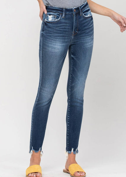 High Rise Distressed Fray Hem Ankle Skinny Jeans