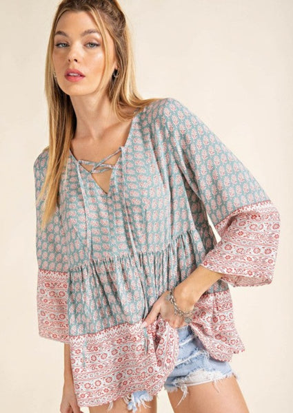 Subtly Sage Floral Print Lace up Top ~ FINAL SALE