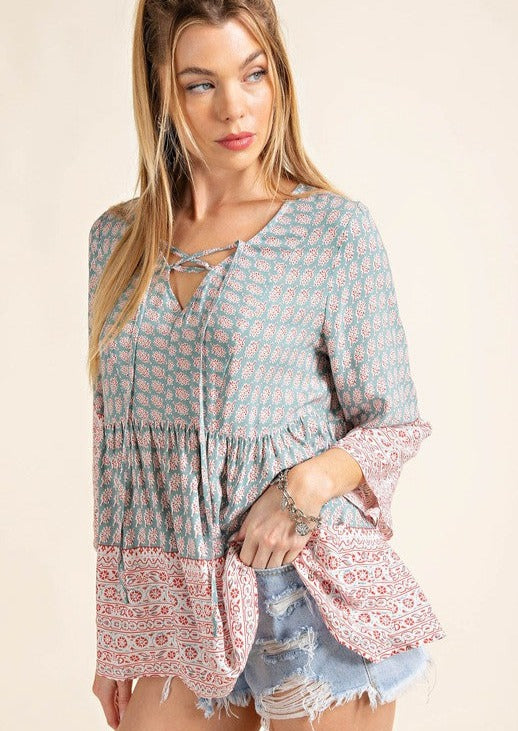 Subtly Sage Floral Print Lace up Top ~ FINAL SALE