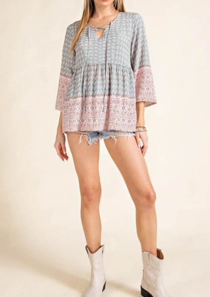 Subtly Sage Floral Print Lace up Top ~ FINAL SALE