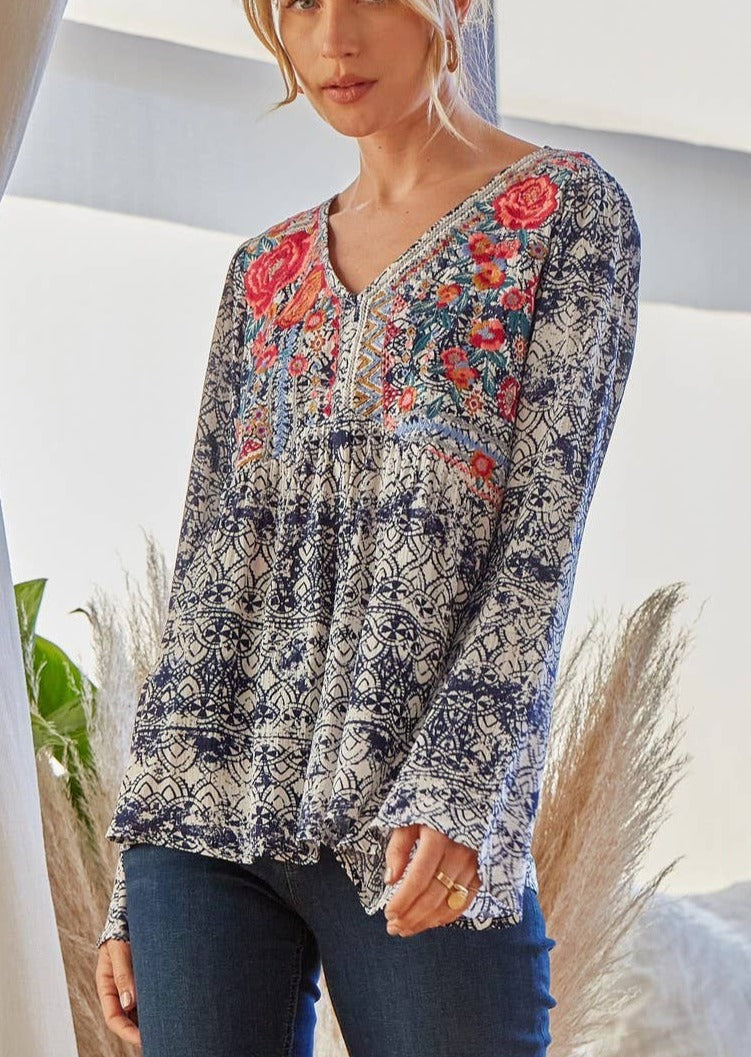 Floral Embroidered Blouse with Bell Sleeves
