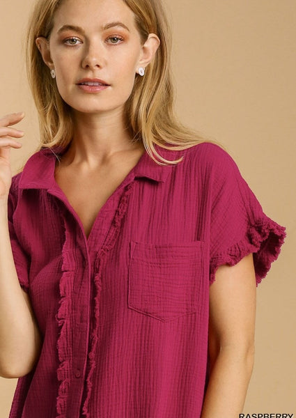 Gauze Shirt Dress with Frayed Edge Detail