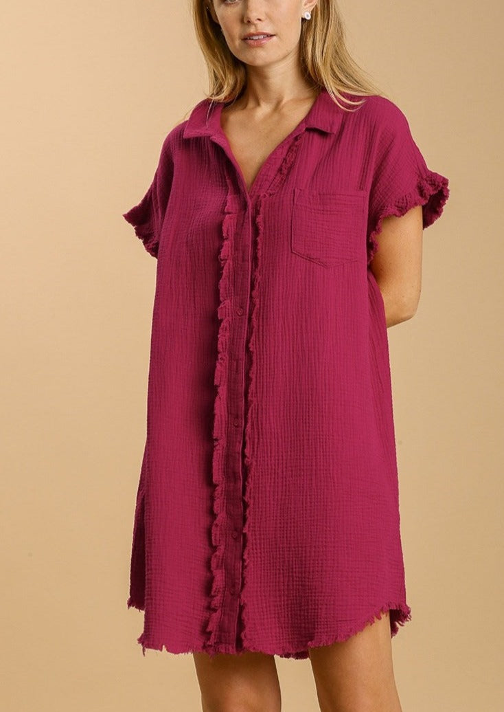 Gauze Shirt Dress with Frayed Edge Detail