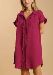 Gauze Shirt Dress with Frayed Edge Detail