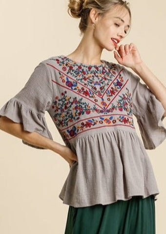 Cool Gray Embroidered Top
