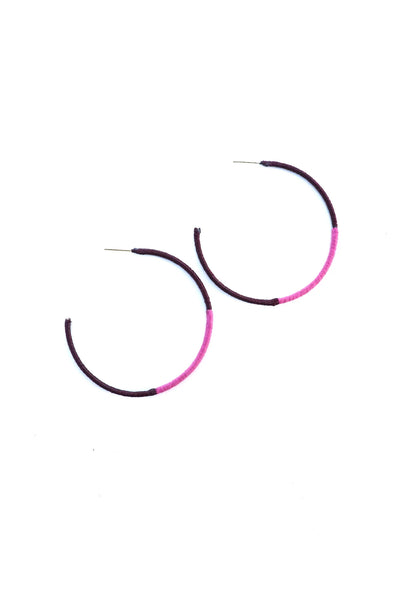 Maroon and pink color block string wrapped hoop earrings