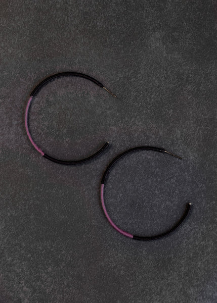 Maroon and pink color block string wrapped hoop earrings