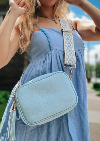 Baby Blue Camera Crossbody Bag with Jacquard Strap