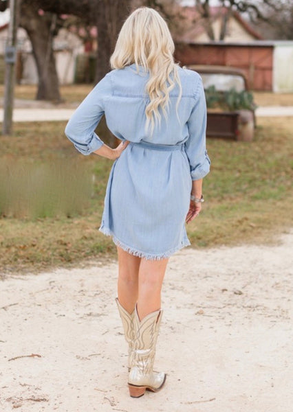 Fray Hem Denim Shirt Dress