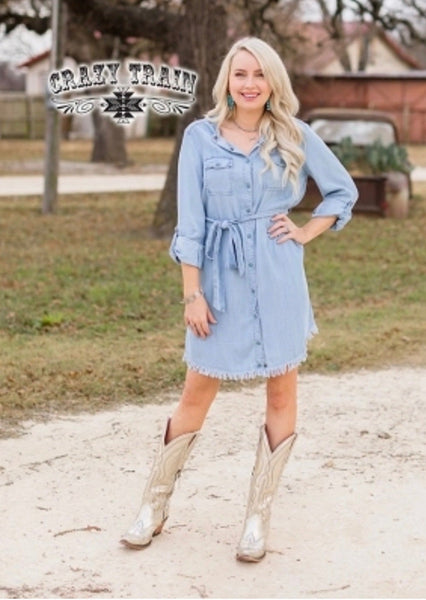 Fray Hem Denim Shirt Dress