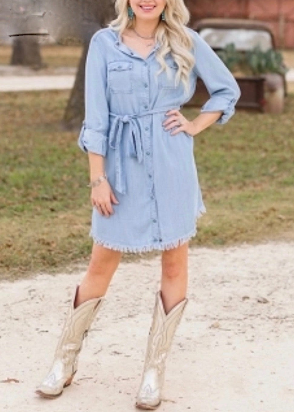 Fray Hem Denim Shirt Dress