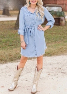 Fray Hem Denim Shirt Dress
