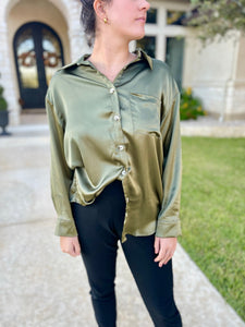 Oversized Satin Button Down Shirt in Olive