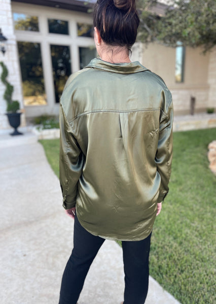 Oversized Satin Button Down Shirt in Olive