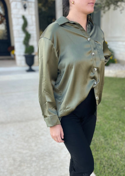 Oversized Satin Button Down Shirt in Olive~FINAL SALE