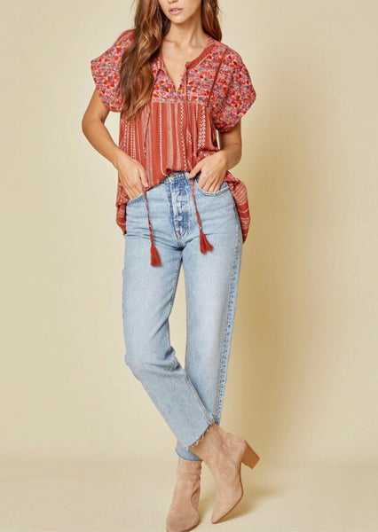 Savanna Jane Rust & Ivory Embroidery Short Sleeve Top