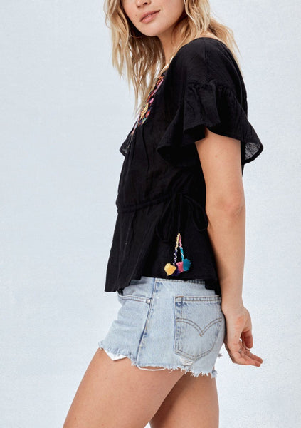 Embroidered Bib Top with Cinch Tassel Tie Waist