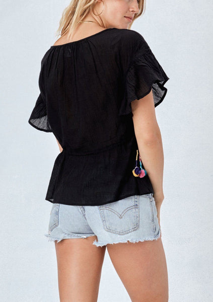 Embroidered Bib Top with Cinch Tassel Tie Waist