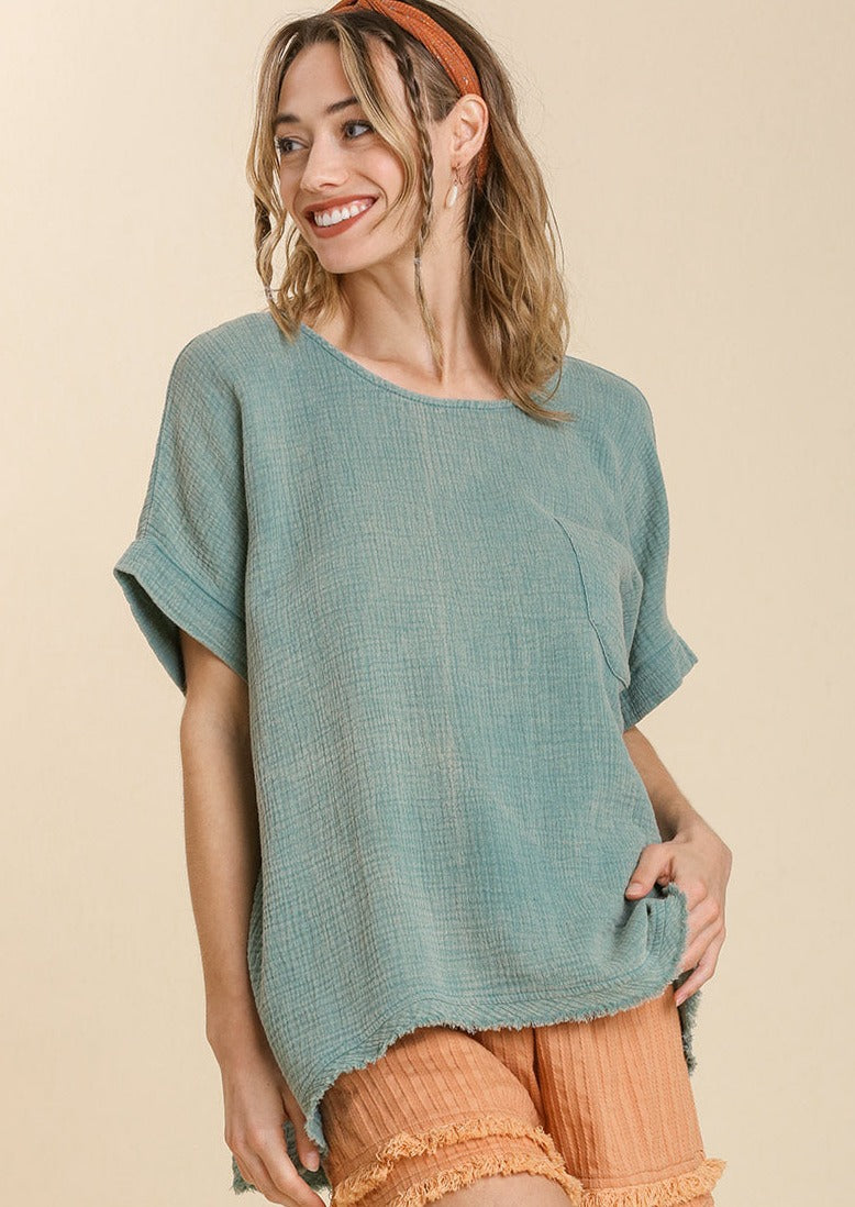 Mineral Washed Dolman Sleeve Top with Frayed Hem ~FINAL SALE