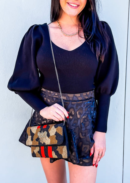 Beaded Leopard Print Bee Cross-body Clutch Handbag Bag
