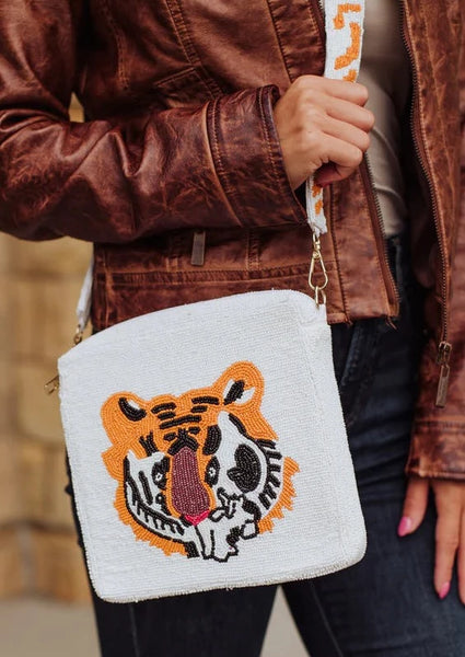 Intricately Beaded Tiger Design Cross-body Bag