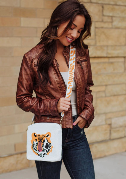 Intricately Beaded Tiger Design Cross-body Bag