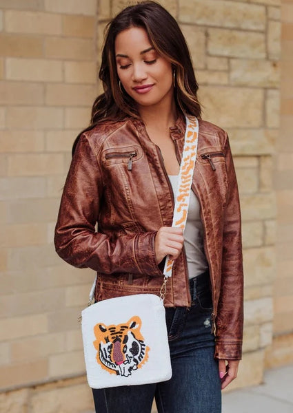 Intricately Beaded Tiger Design Cross-body Bag