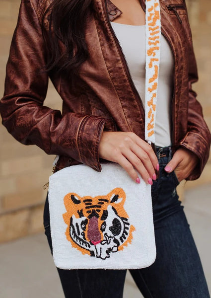 Intricately Beaded Tiger Design Cross-body Bag