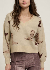 Cowboy Boot V Neck Rib Knit Sweater in