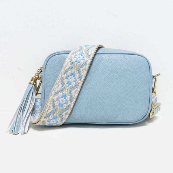 Baby Blue Camera Crossbody Bag with Jacquard Strap