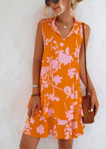 Orange Blossom Floral Tie Neck Ruffle Hem Dress