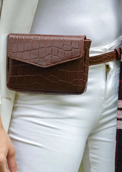 Brown Croc Leather Waist Belt Festival Bag