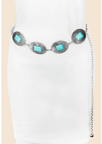 Western Turquoise and Silver Oval Disc Chain Belt