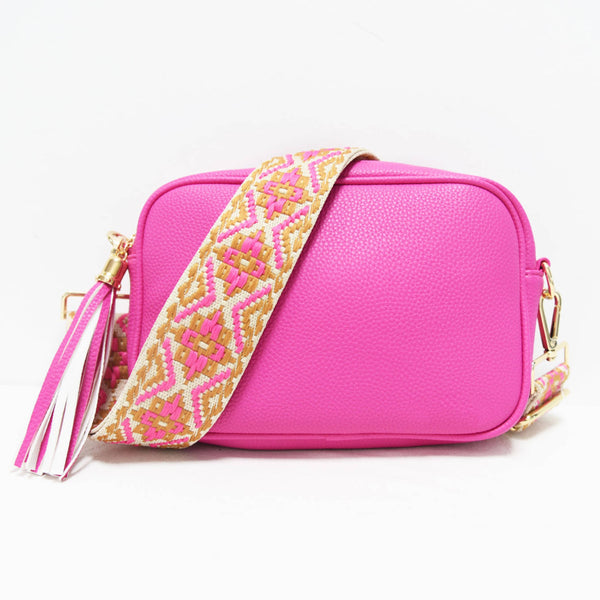 Hot Pink Camera Crossbody Bag with Jacquard Strap