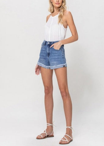 High Rise Cuffed Jean Denim Shorts with spandex