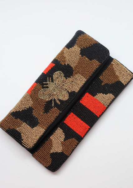 Beaded Leopard Print Bee Cross-body Clutch Handbag Bag