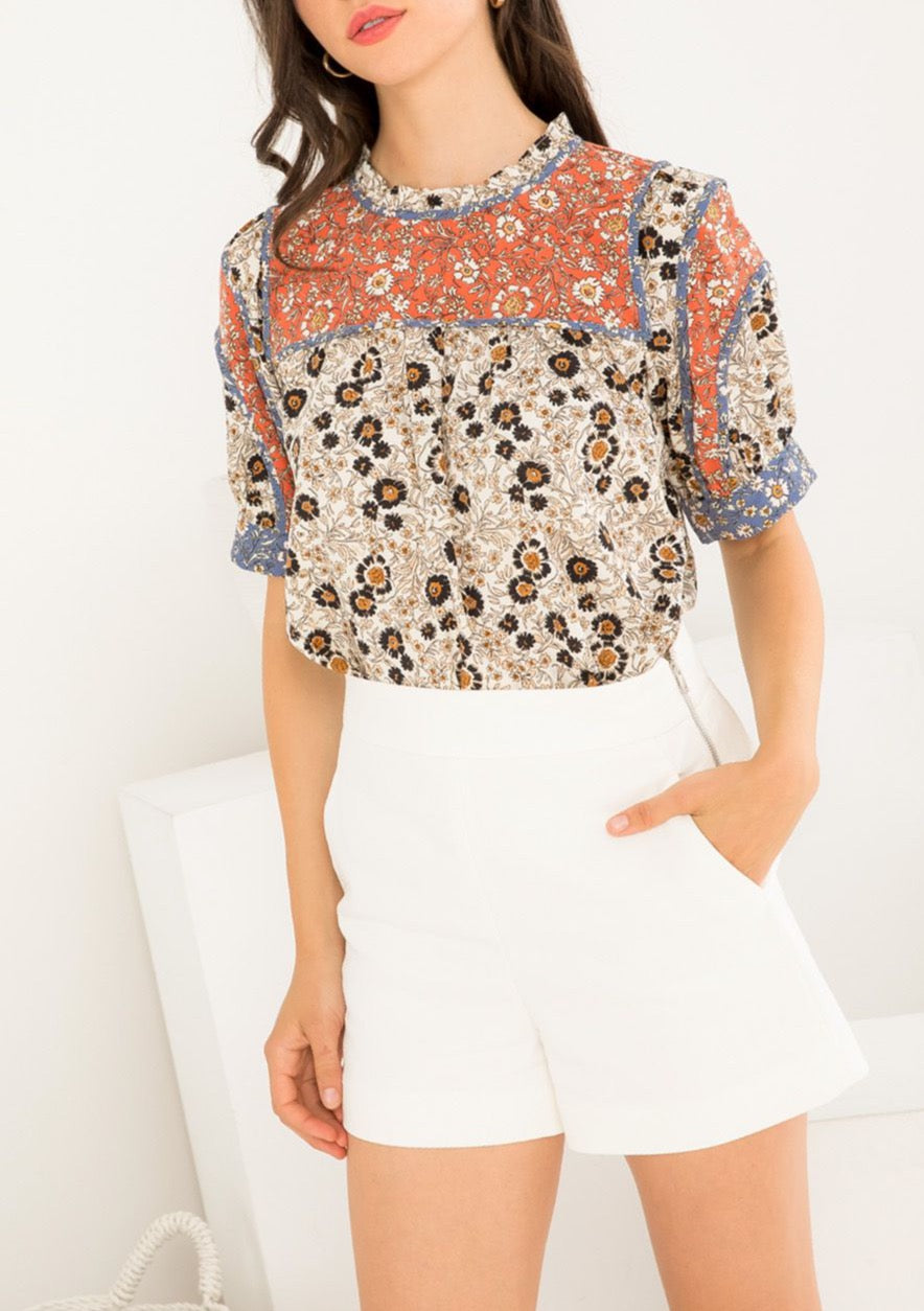 Color-block Floral Print Ruffle Collar Top